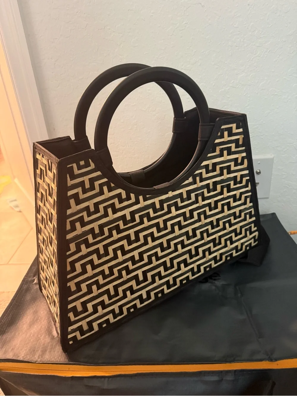 Black and Cream Geometric Weave Tote Bag